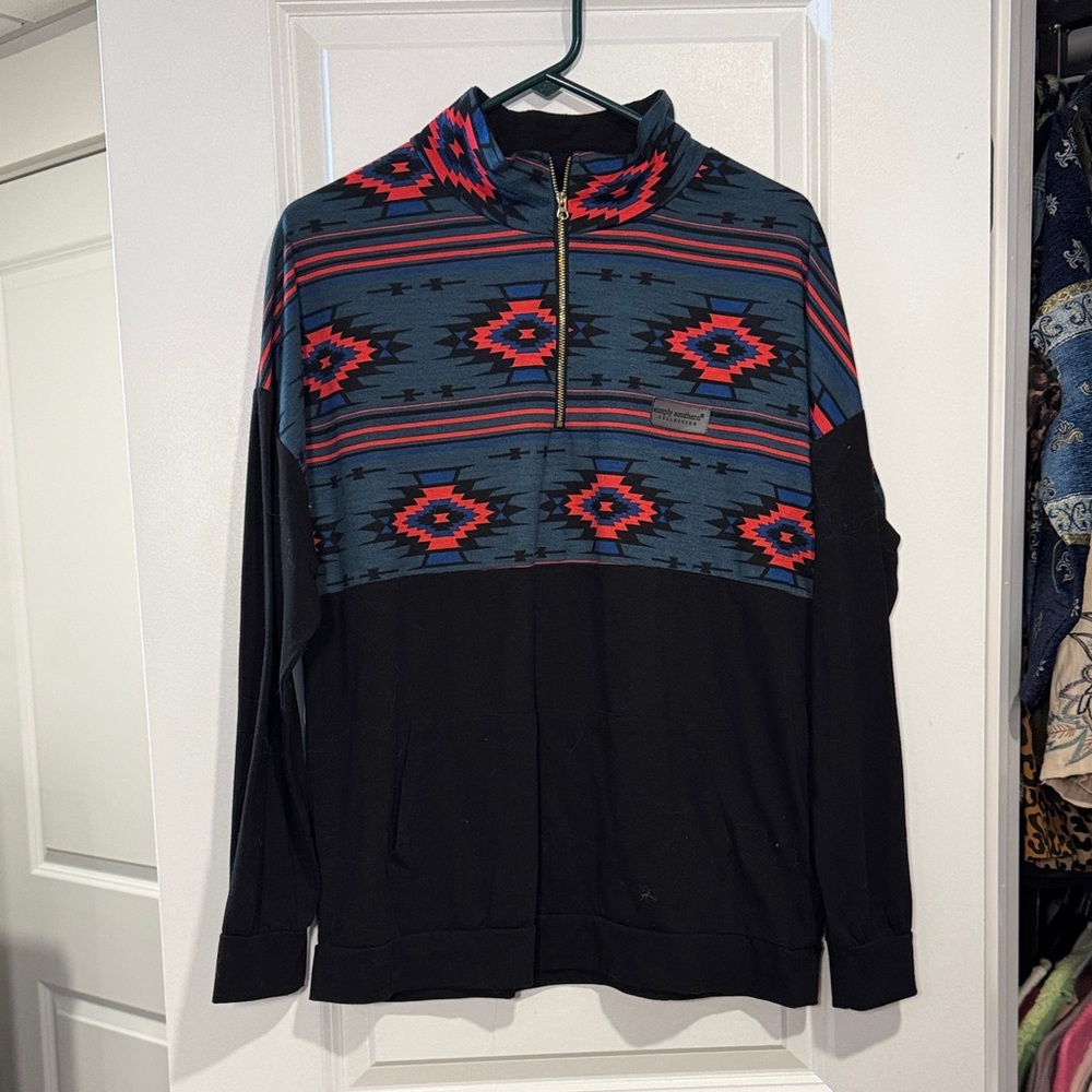 Simply southern Zip-Up Sweater - Black and Blue with Red Accents
